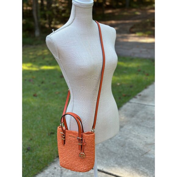 Michael Kors Quinn Extra Small North South Straw Tote Orange Punch 32S5GQNC0W - Picture 1 of 16